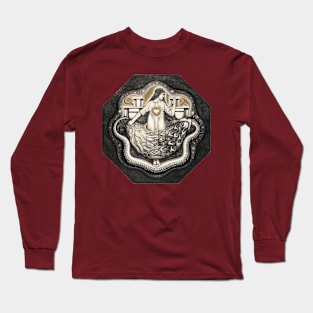 Figure with a firey sword taming the serpent Long Sleeve T-Shirt